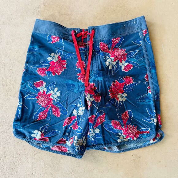 Patagonia Mens Floral Hawaiian Red Blue Board Swim Shorts 32 - Picture 1 of 3